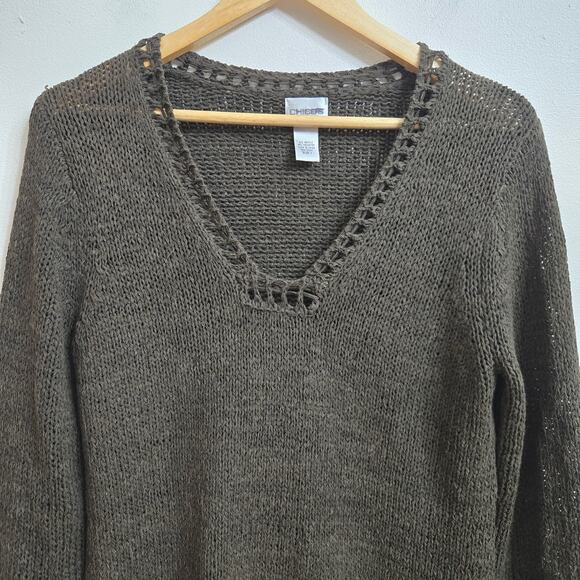 Chicos Womens Goblin Boho Forest Green Crotchet Trim Knit V-Neck Sweater Size 1 - Picture 2 of 12